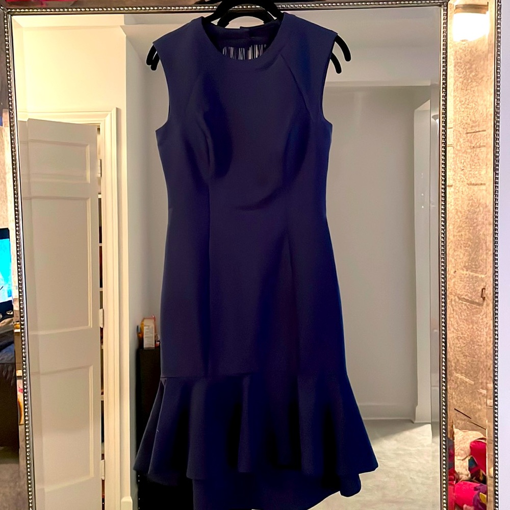 Badgley mischka navy cocktail dress with fringe back